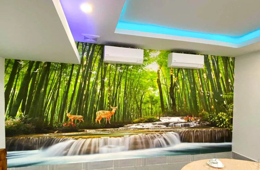 A full-wall printed mural installed in a living room